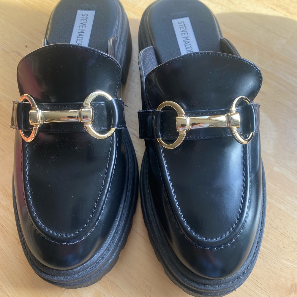 Steve Madden Black Loafers with Gold Buckle